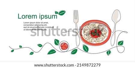 Continuous one line drawing of delicious spaghetti with with tomato sauce and basil. Italy pasta noodle restaurant concept hand draw line art design vector illustration for cafe, shop or food delivery Royalty-Free Stock Photo #2149872279