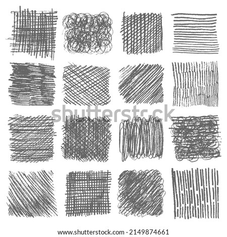 Sketch hatching pen. Pen scribble effects. Doodle freehand sketchy clipart. Messy hand drawn monochrome pattern. Square shape set with outline ornaments
