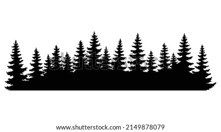Fir trees silhouettes. Coniferous or spruce forest horizontal background pattern, black pine woods vector illustration. Beautiful hand drawn coniferous panorama Royalty-Free Stock Photo #2149878079