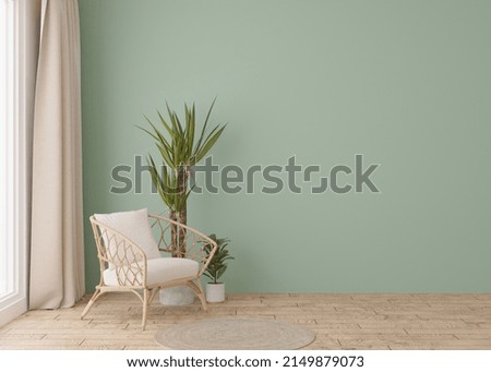 Room with parquet floor, light green wall and empty space. Rattan armchair, plant. Mock up interior. Free, copy space for your furniture, picture, decoration and other objects. 3D rendering
