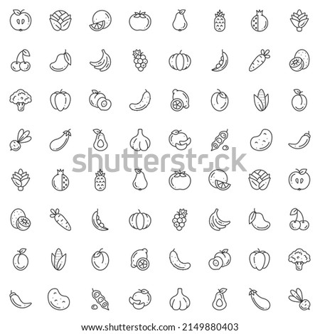 Seamless pattern of outline minimalistic icons of fruit and vegetable on white. Vector flat illustration Royalty-Free Stock Photo #2149880403