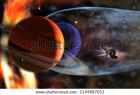 Spaceship flies in alien galaxy with planets and stars. Elements of this image furnished by NASA.