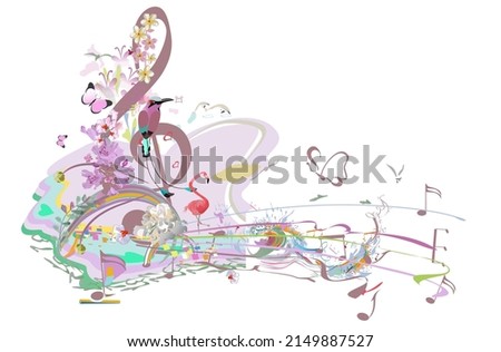 Abstract treble clef decorated with summer and spring flowers, palm leaves, notes, birds. Hand drawn musical vector illustration.