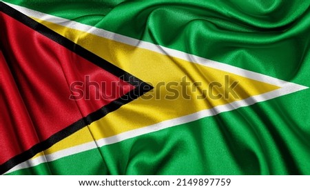 Close up realistic texture fabric textile silk satin flag of Guyana waving fluttering background. National symbol of the country. 26th of May, Happy Day concept