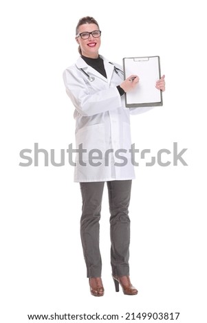 Young female doctor holding empty folder with files of desease illness. Specialist point by pen blank clipboard
