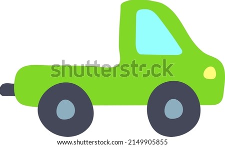 Hand drawn car - truck for cartoon icon, kindergarten decor. Colored transport doodle for little boys. Nice side view of green lorry with gray wheel. Freehand vector illustration. Cute baby's vehicle.