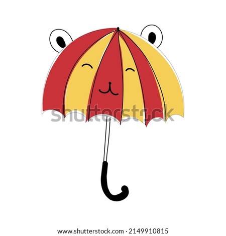 children's funny umbrella with ears, cute modern yellow-red umbrella isolated on white background, contour of colored umbrella for children's design.