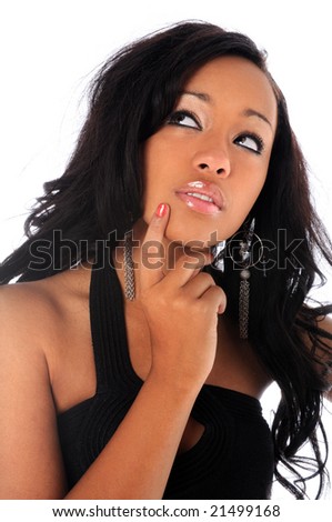 Beautiful young woman thinking isolated over a white background