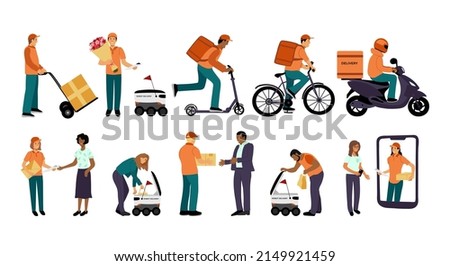 Online delivery service concept. Motorbike, scooter and bicycle couriers and customers. Robot delivery. Vector illustration on white background.