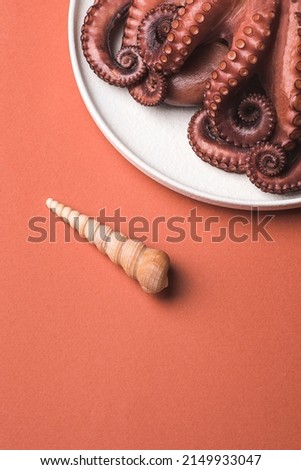 Natural fractals. Shell and octopus tentacles on red cadmium background, close-up Royalty-Free Stock Photo #2149933047