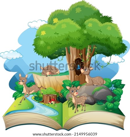 Storybook with deers in forest illustration