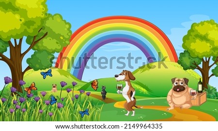 Outdoor park scene with many dogs and camels illustration