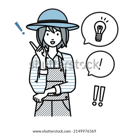a farmer woman getting a great idea standing with pointing hand gesture light bulb and exclamation symbol set