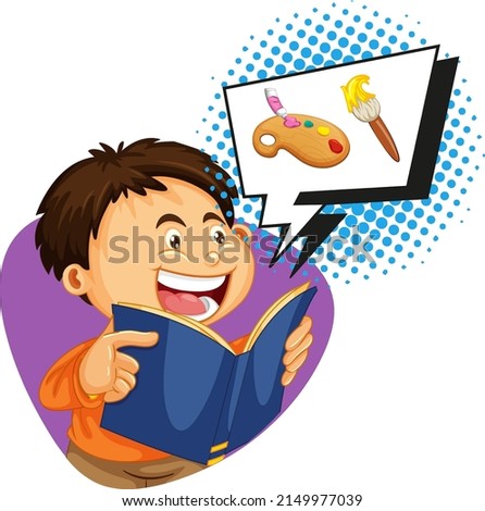 Boy reading book wtih speech bubble illustration