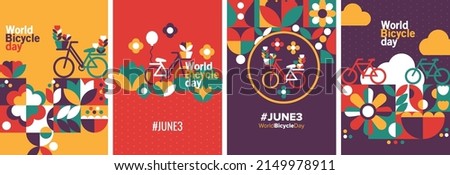 World bicycle day poster geometric template. June 3 international bicycle holiday. Vector illustration Royalty-Free Stock Photo #2149978911