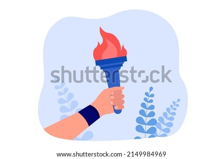 Human hand of leader holding torch stick with burning flame. Person lighting road, carrying symbol of triumph and start of sport event flat vector illustration. Leadership, glory, victory concept