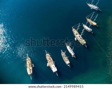 Aerial view of yachts in Bodrum Harbor in Turkey. Bodrum is a popular tourist destination in the Turkish Riviera. Royalty-Free Stock Photo #2149989415