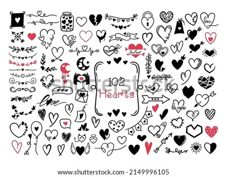 Hand drawn hearts huge bundle, Valentine day black and white doodle heart shapes collection, love and romantic theme vector isolated clip arts