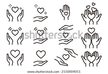 Hand and heart icon set (monochrome).Easy-to-use vector material. Royalty-Free Stock Photo #2150004051