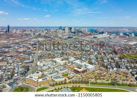 Boston Downtown Financial District aerial view in spring from South Boston, Massachusetts MA, USA. 
