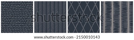 Dark grey classical herringbone, diamond, stripe and dot seamless pattern in modern hand drawn style. Masculine vector designs for fabric, poster background, wrapping or man product packaging Royalty-Free Stock Photo #2150010143