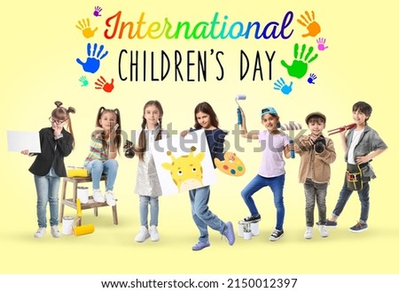 Greeting card for International Children's Day with many kids in uniforms of different professions