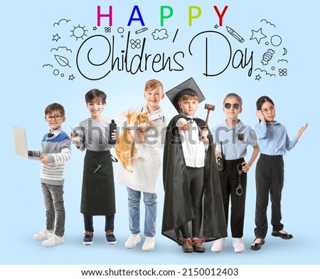 Greeting card for Children's Day with many kids in uniforms of different professions