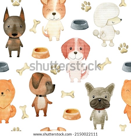 Watercolor seamless pattern with dogs: doberman, german boxer, bulldog, poodle, pomeranian, red and white setter, jack russell terrier.