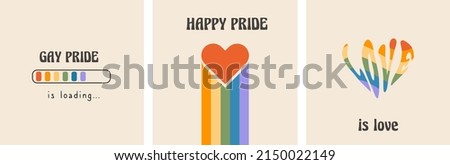 Vector set of retro greeting cards for LGBTQIA Pride Month. Social media post with groovy queer slogans and phrase. LGBT rainbow flag colors, love word in heart shape and Gay Pride Loading bar. Vector Royalty-Free Stock Photo #2150022149