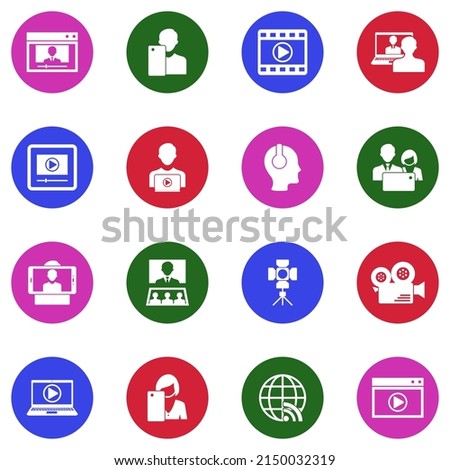 Video Blog Icons. White Flat Collection In Circle. Vector Illustration.