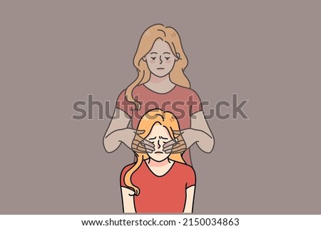 Unhappy young woman feel stressed have her ghost twin cover eyes with hands. Upset girl struggle with depression or reality denial. Concept of self-deception. Flat vector illustration. Royalty-Free Stock Photo #2150034863