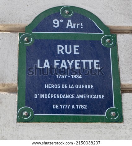 Rue La Fayette street sign, one of the most famous streets in Paris, France.