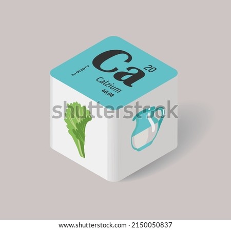 Calcium  Substances necessary for human health. Micro and macro elements, nutrients. A chemical element and products with a high content of it. Modern design Royalty-Free Stock Photo #2150050837