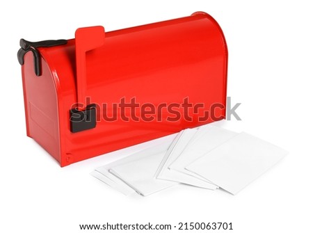 Red letter box and envelopes on white background