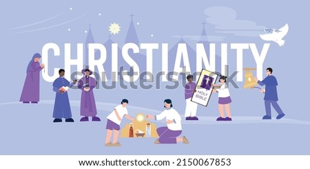 Christianity text flat composition with silhouettes of temple tops with crosses flying dove and priest characters vector illustration