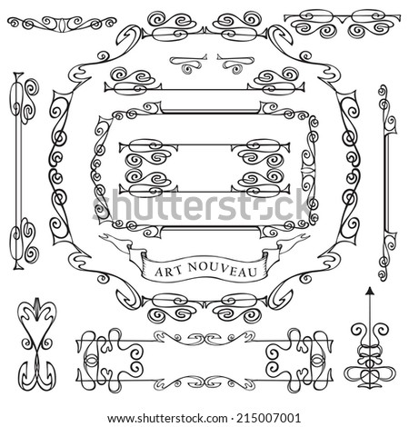 Curled calligraphic design elements set.Swirling decor elements,frame,borders,ribbon,arrows.For Wedding  invitation,save the date card,restaurant menu.Decor in style of art Nouveau.Vector.