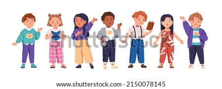 Cute children singing song together. Little kids singers in choir. Diverse vocal talented girls and boys group chorus from music school. Flat vector illustrations isolated on white background Royalty-Free Stock Photo #2150078145
