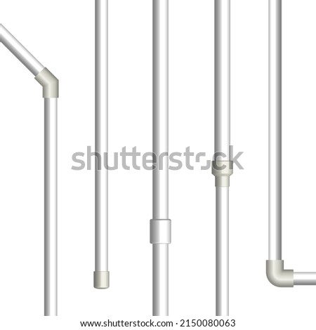 Various connections of plastic pipes. Front view, 3D vector illustration. Royalty-Free Stock Photo #2150080063