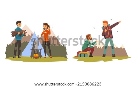 People Character with Backpack Engaged in Hiking and Trekking Cooking at Tent and Walking Vector Set