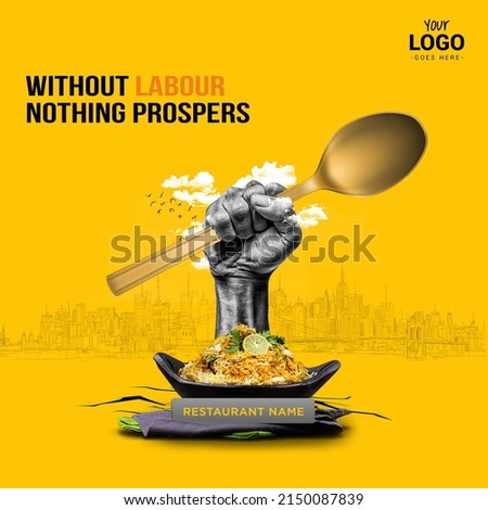 Restaurant concept of International Labor Day. Labor hand holding spoon with biryani. Restaurant posters, restaurant wall branding and social media post. Royalty-Free Stock Photo #2150087839