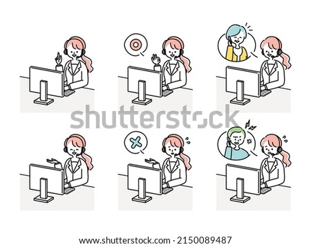 clip art set of female operator working in call center