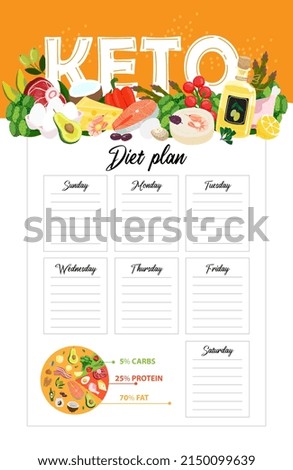 Keto diet meal plan template. Vector illustration of a weekly ketogenic diet meal plan for each day to record food and meals with low carbs high fat with pie chart reminder. Keto diary
 Royalty-Free Stock Photo #2150099639