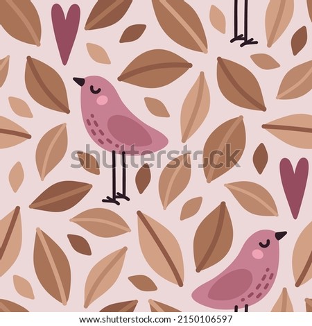 Vector cute seamless pattern with little bird, decorative leaves and soft pastel colors