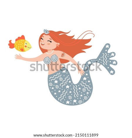 Cute  mermaid with her friend  golden fish. Cartoon girl siren playing in the Sea or Ocean with swimming fish. Hand drawn vector illustration, isolated. Flat design. Idea for print on kids shampoo etc