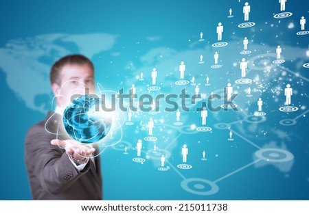 Business man hold Earth in hand. World map with contact icons
