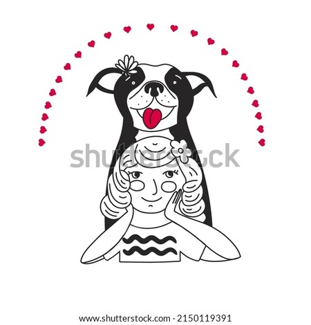 Kid Hugging Pet. Friendship with Animals. Dog lovers Illustration. Embracing Cute Child With Best Friend. Pet Family Portrait. Design For Veterinary Clinic and Adoption.  Happy Little Puppy Adoption.