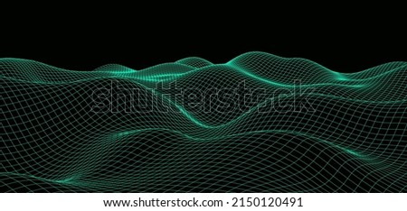 Digital wavy wireframe landscape. Futuristic linear undulating terrain. Digital cyberspace in mountains with valleys. Vector illustration. Royalty-Free Stock Photo #2150120491