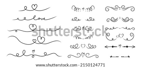 Heart divider set. Hand drawn swirl line borders, hearts and love letters, romantic valentines or wedding decoration, simple style decor, vector isolated collection Royalty-Free Stock Photo #2150124771