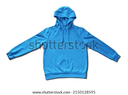 Blank blue hoodie mock up template, front view, isolated on white, plain hoodie mockup. Tee sweater sweatshirt design presentation for print.
