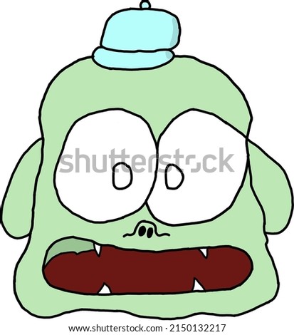 Cute green cartoon monster with big mouth and wearing blue hat, halloween costume concept.